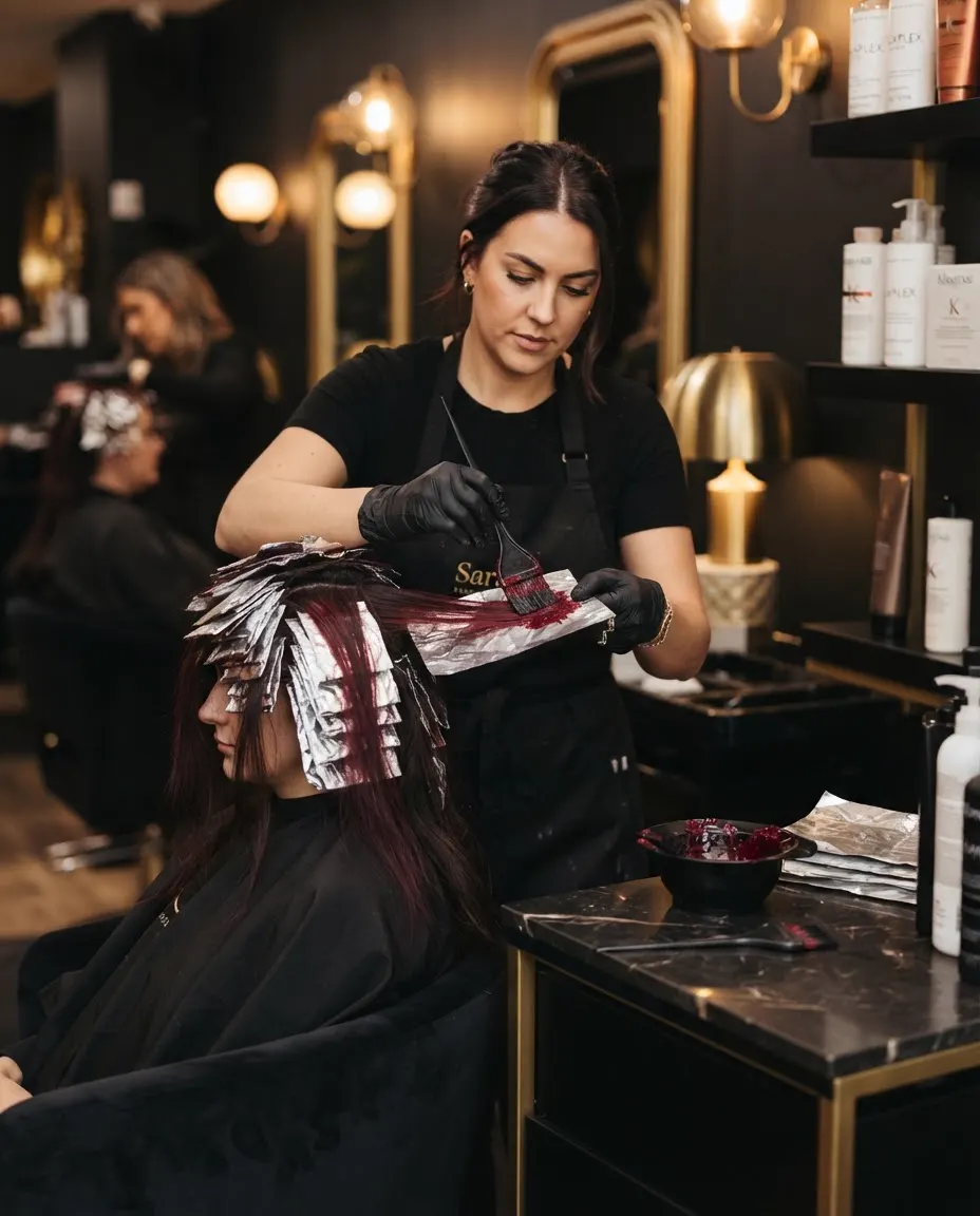 Coloração vermelha sendo aplicada no cabelo com pincel