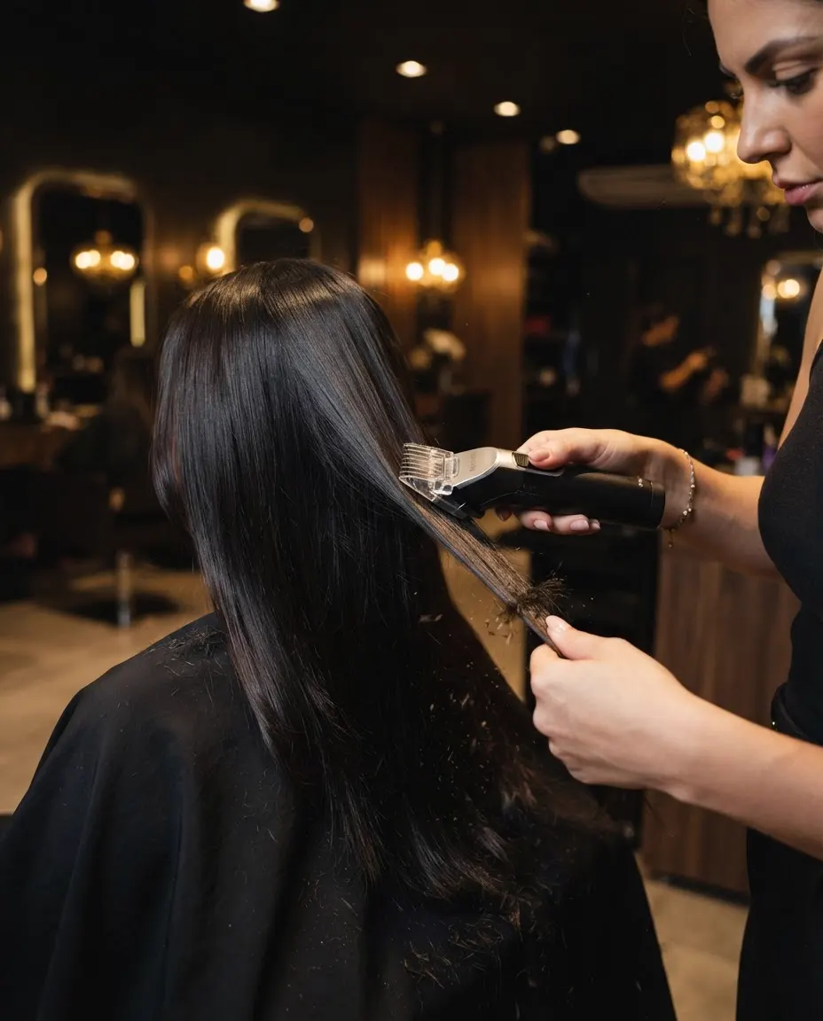 Profissional realizando corte bordado em mecha de cabelo longo
