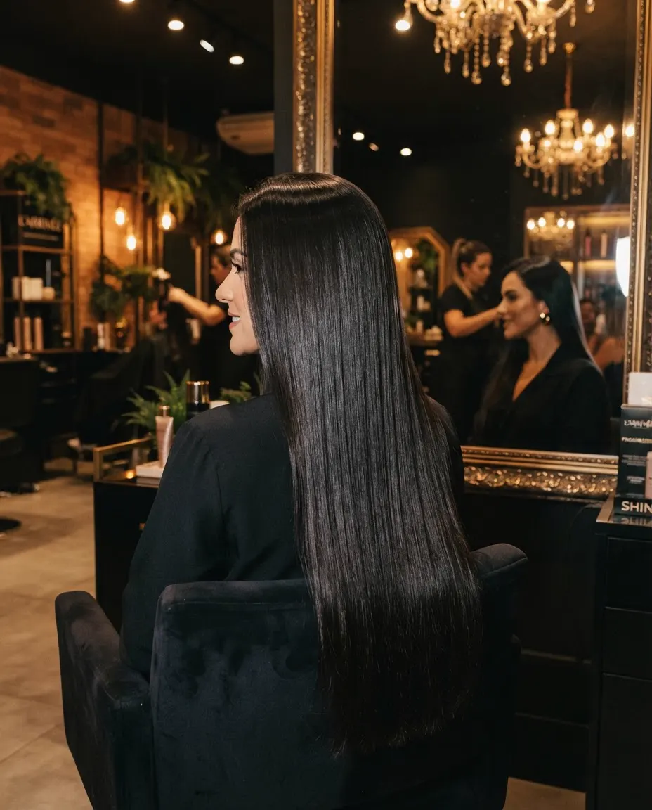 Cliente com cabelo longo, liso e brilhante após progressiva